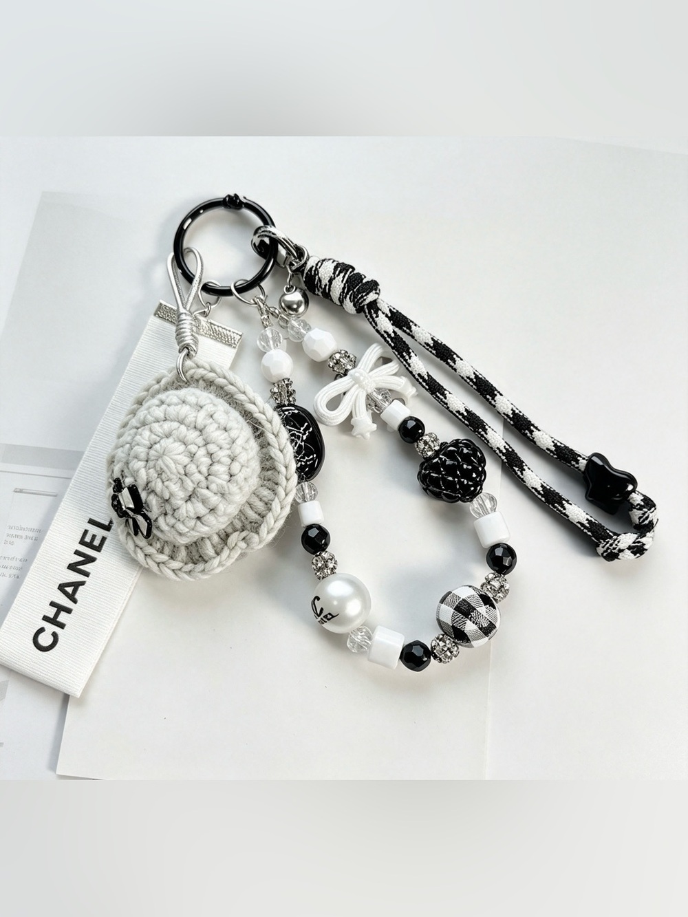Authentic CC Ribbon with unbranded White & Black Beaded Bag Charm